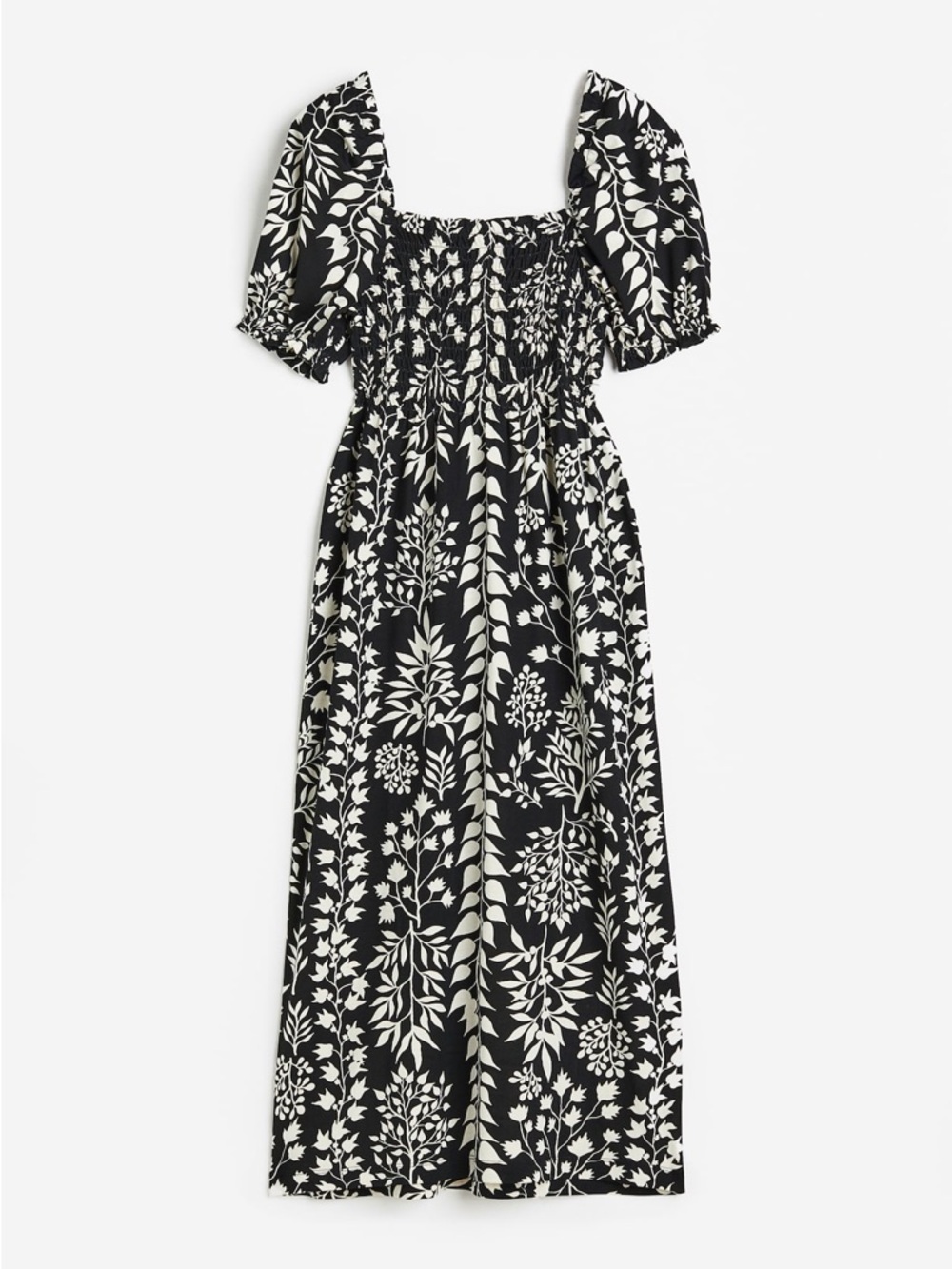 H&M Black and White Floral Smocked Dress Maxi/Midi